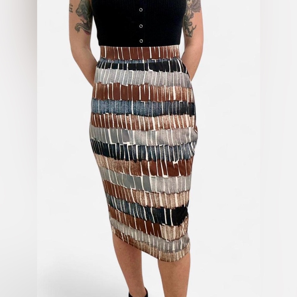 Brown Black Gray White Geometric Knit Pencil Skirt Women Pull On Knee Length L
